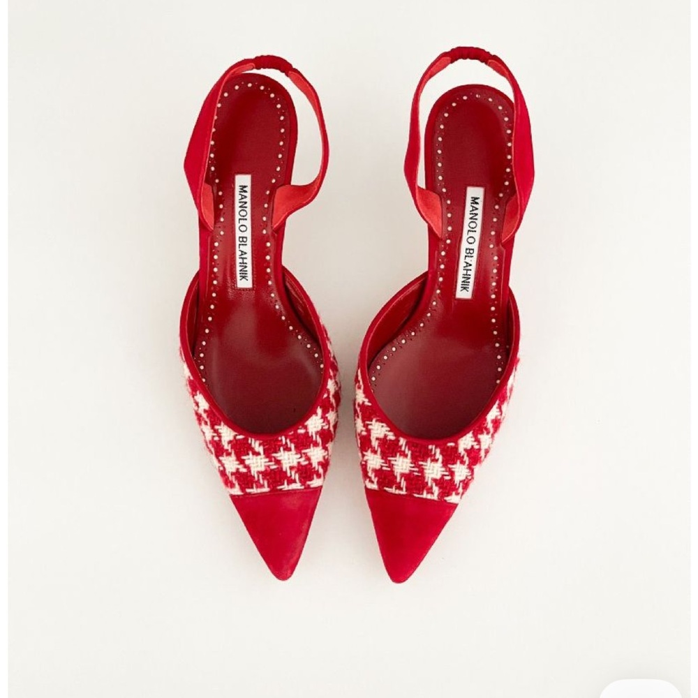 MANOLO BLAHNIK CAROLYNE 50 HOUNDSTOOTH TWEED SLINGBACK PUMPS RED 8.5